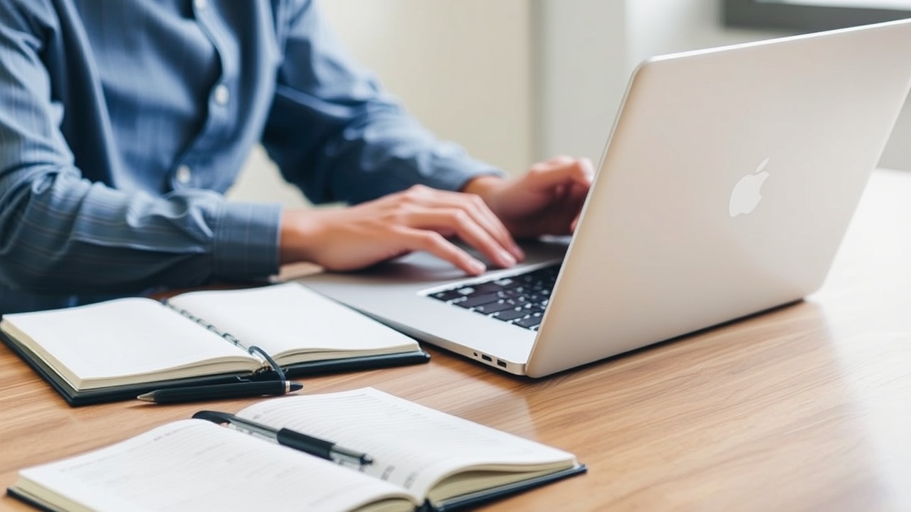 A person is sitting at a desk with a laptop open and a notebook beside them.