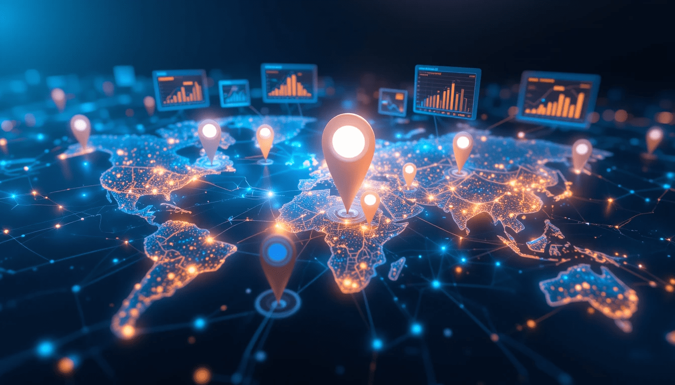Futuristic concept image showing AI-driven local SEO with maps, pins, and ranking analytics in 2025